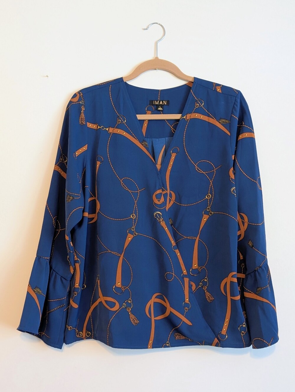 IMAN | Womens Bell Sleeve Wrap Top Size L Equestrian Ropes & Belts Blue Print